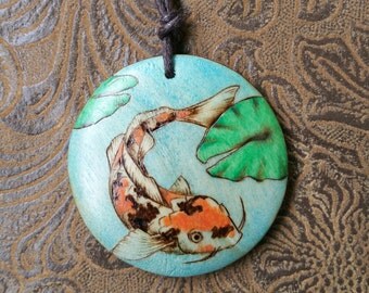 Unique koi jewelry, showa koi pendant, boho jewelry, unique gift, koi and lily pad necklace