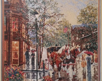 Very Rare Needlepoint Kit - APRIL in OLD ASPEN Heritage Collection by Elsa Williams Kit 06013 Design sz 18x14, City, Horse, Street, carriage