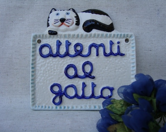 Tile, wall decoration with words "Beware of the cat"-"Beware of the cat"-plaque with dog