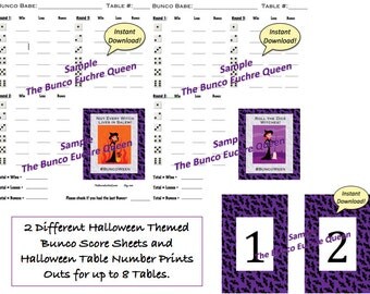 2 Halloween Bunco Score Cards / Printable Score Sheets: Plus Table Number Printouts for up to 8 tables.