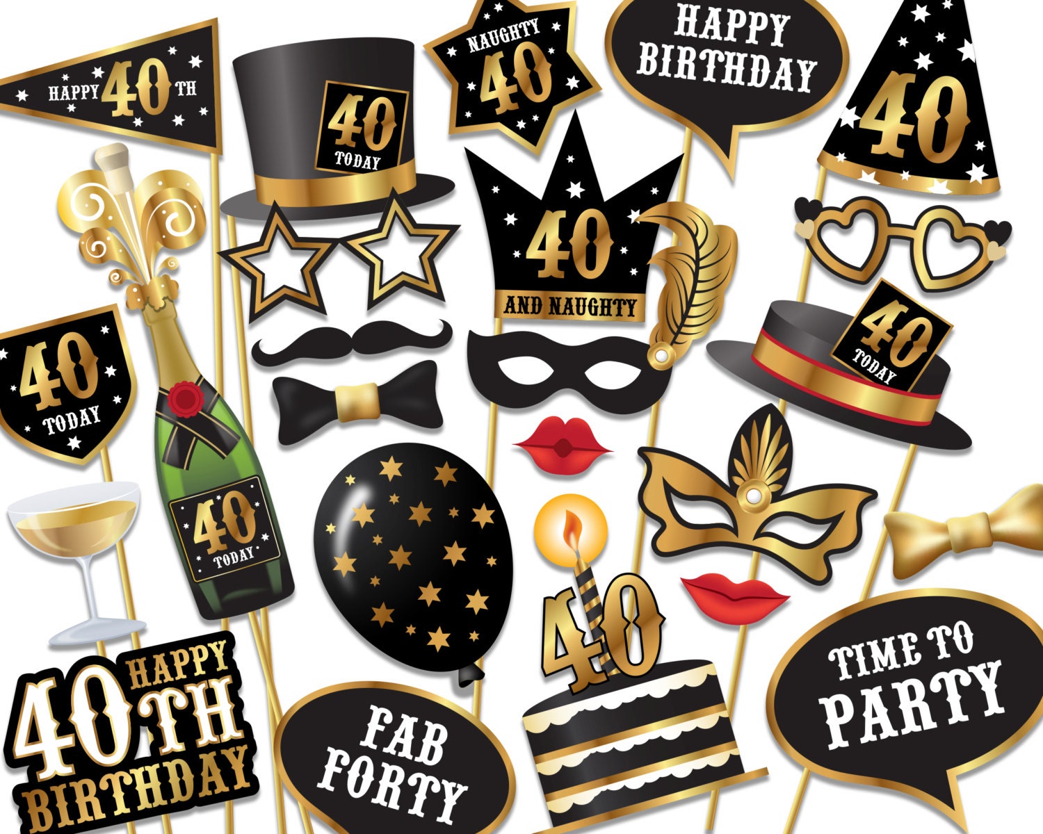 40th-birthday-photo-booth-props-printablepdf-black-and-gold-etsy