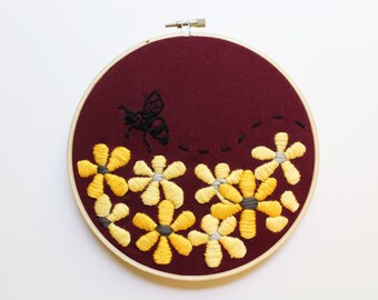 Bee Embroidery Hoop Art with Flowers - 6" hoop - Yellow and Burgundy Floral Embroidery