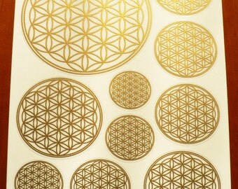 Flower of Life, 10 Stickers (1 sheet), Transparent, Gold Color
