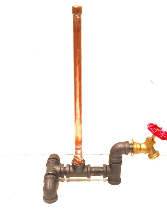 Steampunk Industrial Copper Paper Towel Holder with red faucet