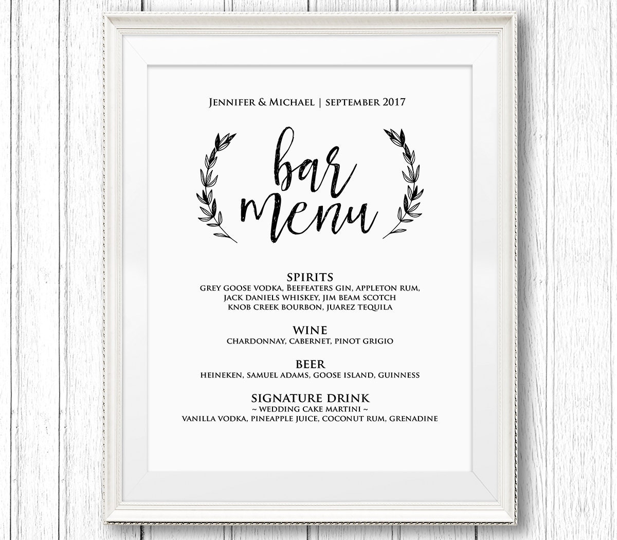 Wedding Bar Menu Sign, Printable Reception Sign Template