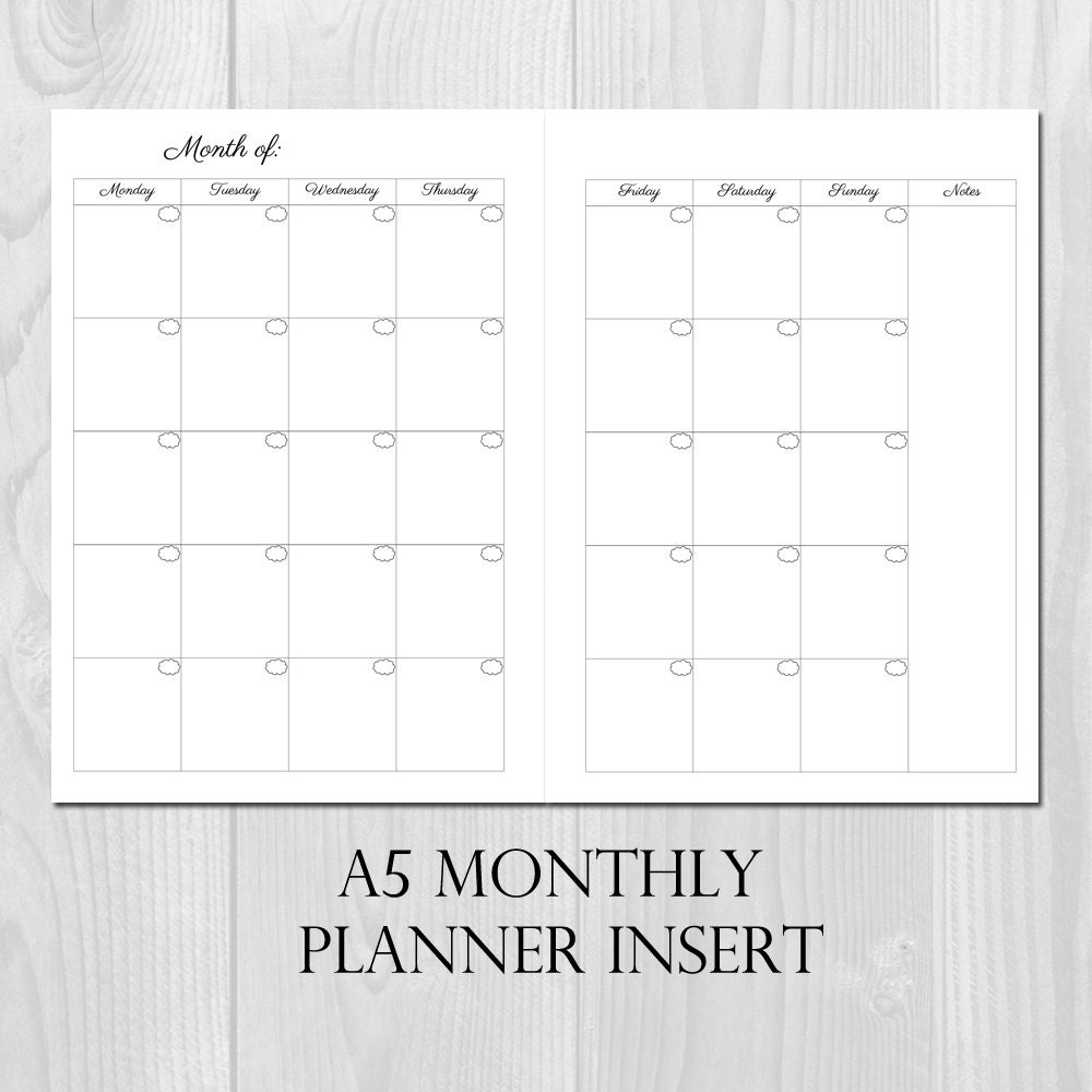 Monthly Planner Printable Insert A5 Size Undated Month on 2