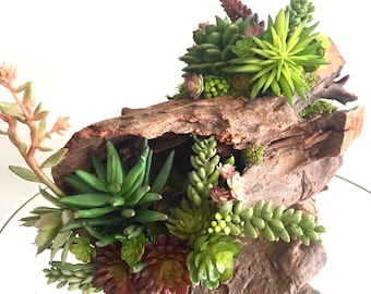 Succulent Arrangement, Artificial Succulent Centerpiece on Driftwood Indoor Outdoor Wood Piece Decor