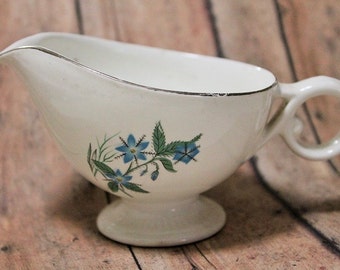 Blue Flower Creamer-Antique creamer-vintage creamer/gravyboat-aqua flowers dishware-blue floral creamer
