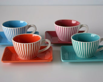 4 Cute Striped Vintage Espresso Cups and Saucers Distributed by LBVYR = Laboratoire Biology Vegetale Yves Rocher .