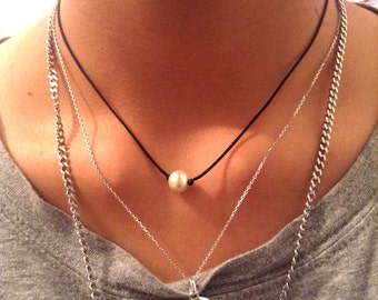 8mm Glass Pearl choker; Pearl Necklace, Single Pearl; Summer, Fashion, Black Nylon, Dainty, Simple Choker, Minimalist,