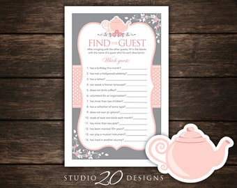 Instant Download Teapot Find the Guest Game, Grey Pink Teapot Bridal Shower Games, High Tea Shower Icebreaker, Engagement Party Game 26A