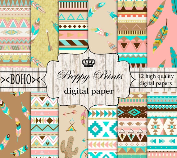 Boho Digital Paper Pack Printable Bohemian Scrapbook Papers
