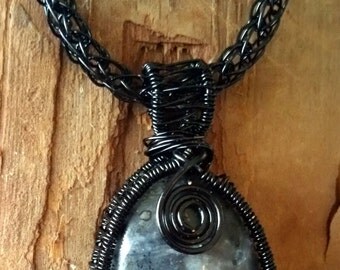 Labradorite Cabachon Wire Wrapped Pendant ~ Viking Weave Chain ~ Silver Blue Labradorite Cabachon Necklace, Black Viking Weave Necklace
