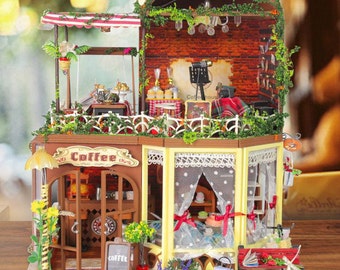 Coffee Bar Dollhouse DIY Kit Cute Room House Model With Light and Music Box - DK11