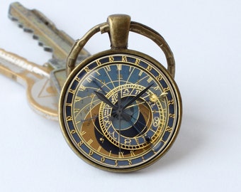 Clock keychain Prague clock key ring Clock jewelry Steampunk key chain Clock pendant Steampunk gift Steampunk keyring Old clock Antique