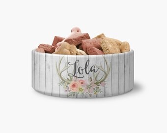 Floral Antlers Ceramic Pet Bowl - Personalized Dog Bowl - Ceramic Pet Bowl - Personalized Bowl - Monogrammed Bowl - Monogrammed Dog Bowl