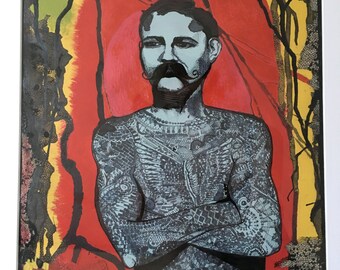 Tattooed Man. Circus poster style painting with ink detail.