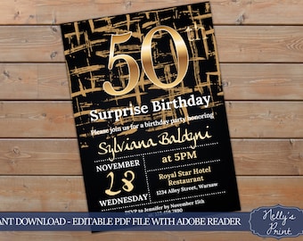 50th Surprise Birthday Invitation, Surprise 50th Birthday Invitation, Adult Birthday Invitation, Self Editable PDF, Instant Download, Women