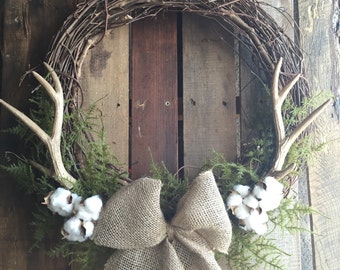 BEST SELLER! Antler Wreath, Cotton Wreath, Rustic Wreath, Farmhouse Decor, Fall Wreath, Winter Wreath