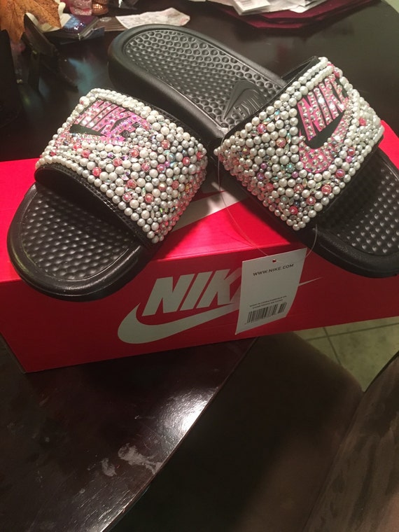 Hot Pink Bedazzled Nike Slides.