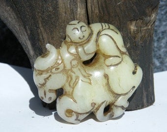 Chinese Carved Unknown Hardstone Waist Pendant Statue Boy on Buffalo