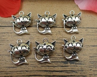 6 Cat Charms,Antique Silver Tone,3D Charms -RS308