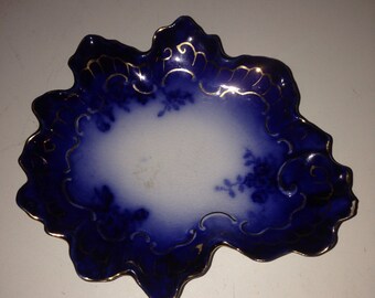 Wheeler pottery antique La belle china cobalt blue dish 24kt gold trimmed