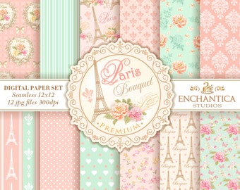 Paris Digital Papers, Digital Paper Paris, Paris Digital Background, Vintage Paris Paper, Floral Pattern, Eiffel Tower, Mint Pink Blush