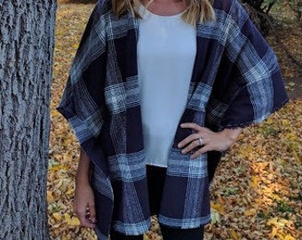 Purple and White Plaid - Poncho Shawl