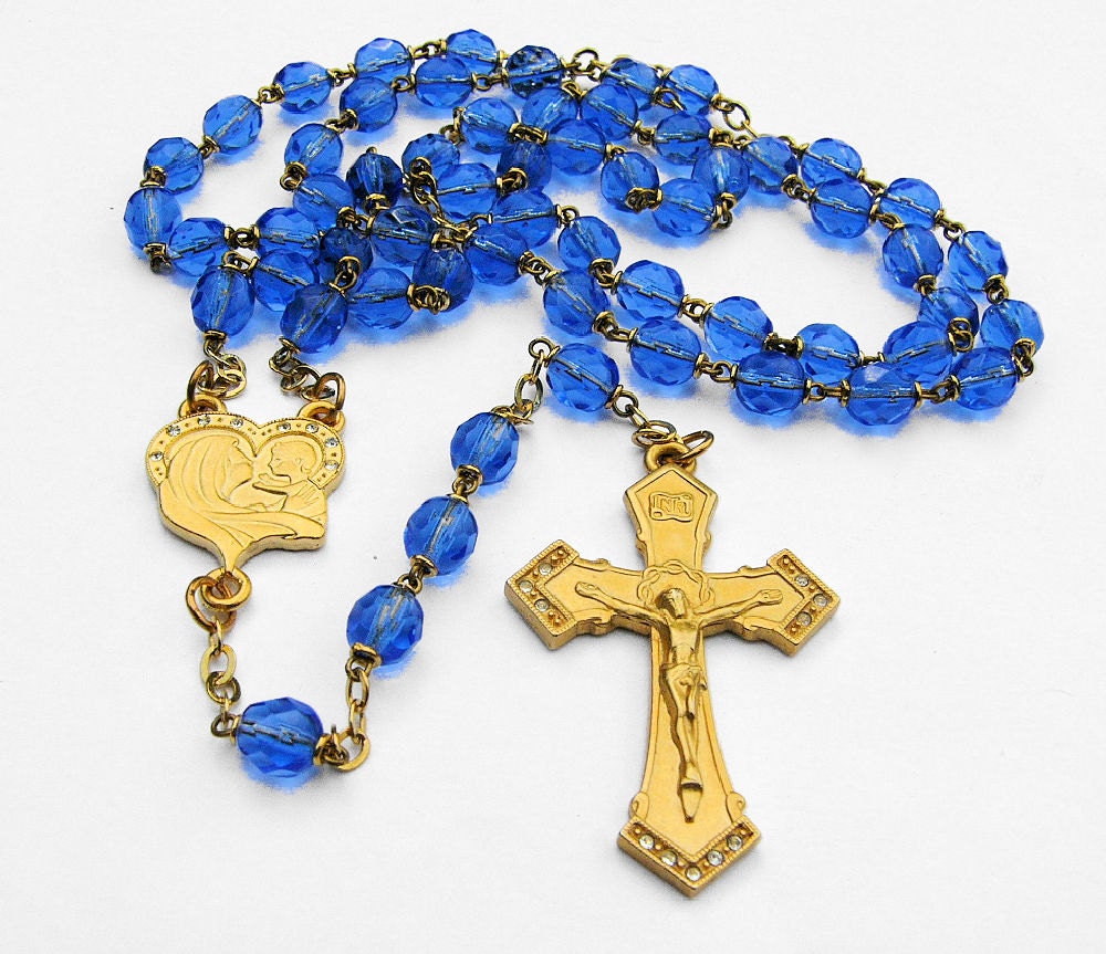 Catholic Rosary Blue Faceted Fire Polished Beads Gold Plated