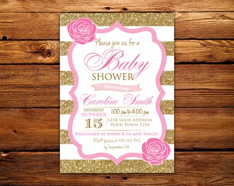 Baby Shower Invitations. Pink and Gold Baby Shower Invitations. Pink and Gold Glitter. Baby Girl ShowerInvitation. Floral. Pink & Gold Baby.