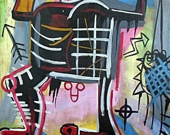 Jean Michel Basquiat Originale Peinture à Huile et Acrylique sur Canvas , grandeur 147.32cm X 116.84cm Sans titre .