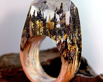 Golden Castles Wooden Resin Ring made with Birch wood and gold flakes