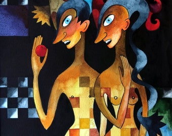 watercolor painting - watercolor - painting - Adam and Eve - fantasy
