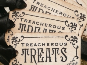 Halloween Tags - Treacherous Treats  - Black Halloween Wedding Favor Tags - Set of 8 party decorations