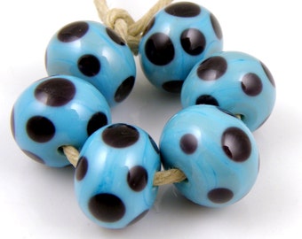 Turquoise Blue and Black Polka Dots - Handmade Artisan Lampwork Glass Beads 8mmx12mm - SRA (Set of 6 Beads)