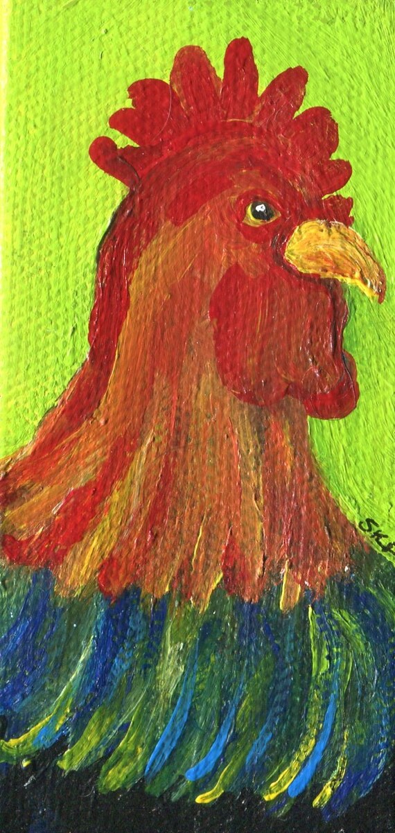 Rooster mini painting on canvas easel Chicken art miniature