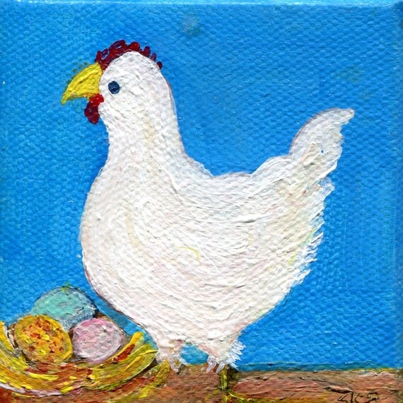 Chicken mini canvas art easel White Chicken art miniature