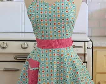 Retro Full Apron Sweetheart Neckline Colorful Daisies on Blue - BELLA