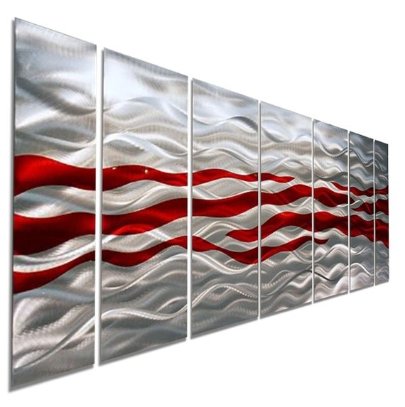 SALE Silver & Red Modern Metal Wall Sculpture Contemporary