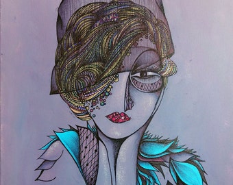 Original Art Print, Portrait of 1920's Style Woman Wearing Turquoise, Feather Scarf, Purple, Violet, Lavendar, 8 x 11", modern art, portrait