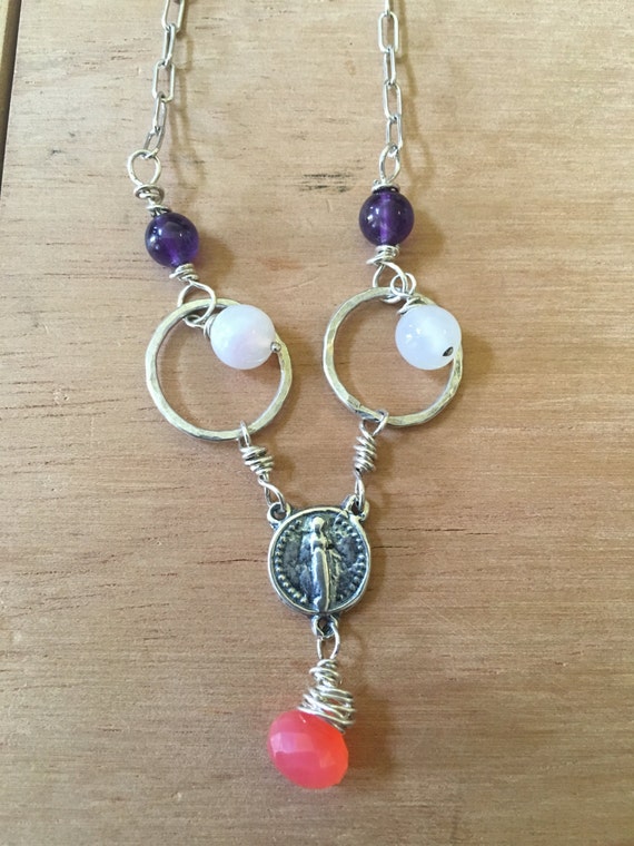 Goddess with watermelon chalcedony with rose quartz and anethyst "god is u"; chain length 19 inches (adjustable)