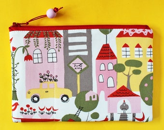 Zipper pouch retro city in pink - New York City yellow cab houses street yellow pink green red makeup bag padded pouch