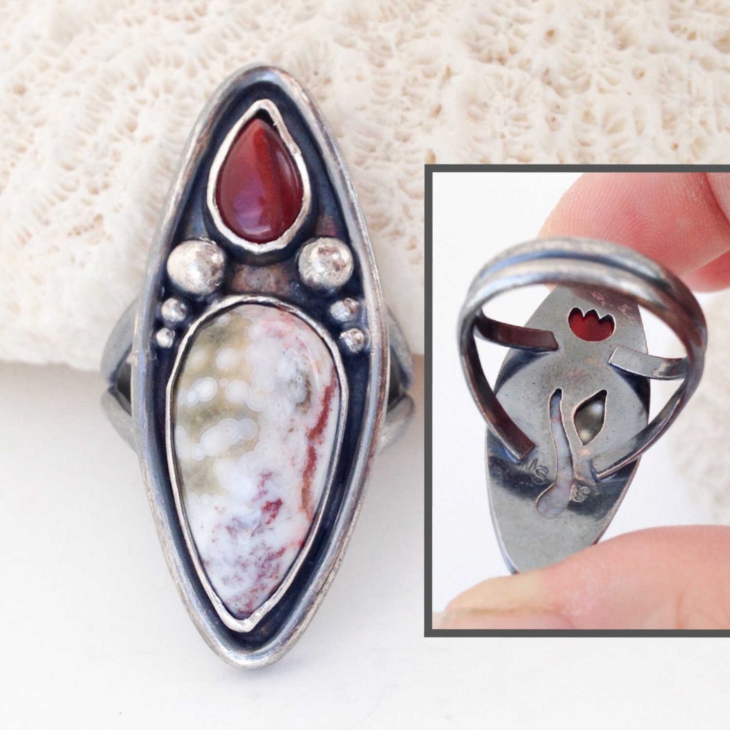 Carnelian and Ocean Jasper Ring Size 9 1/2 Artisan Handcrafted