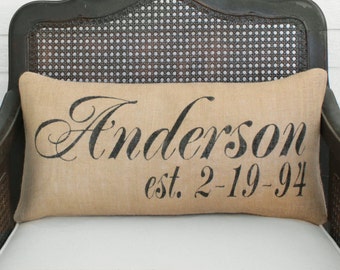 Personalized Name and Est Date Pillow - Burlap Pillow Lumbar Style - Name Pillow - Date Pillow