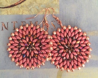 Copper Rose Seed Bead Earrings - Big Bold Disc Earrings - Beadwork Jewelry - Statement Jewelry