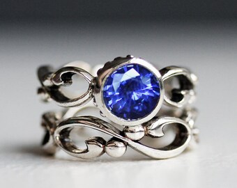 Blue sapphire engagement ring set, sapphire bridal set, lab created sapphire ring, saphire engagement ring, custom made to order - Wrought