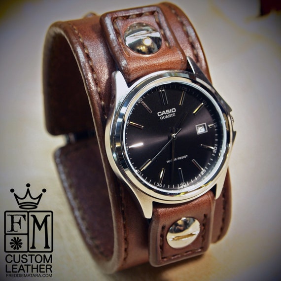 Leather cuff Watch -Brown bridle leather handstitched watch band with Casio watch custom made for YOU in Brooklyn NY
