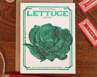 letterpress it's your birthday lettuce celebrate greeting card farmers market vegan vegetarian vintage seed packet promotes vitality