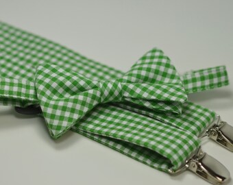 Kelly Green Gingham Bow Tie and Suspender Set, Boy's Bow Tie, Boy's Suspenders, Christmas Wedding, Ring Bearer Outfit, Toddler, Baby